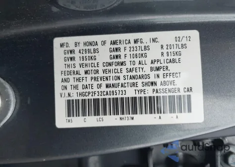 2012 Honda Accord 2.4 Lx z USA, uszkodzony, nr VIN 1HGCP2F32CA095733